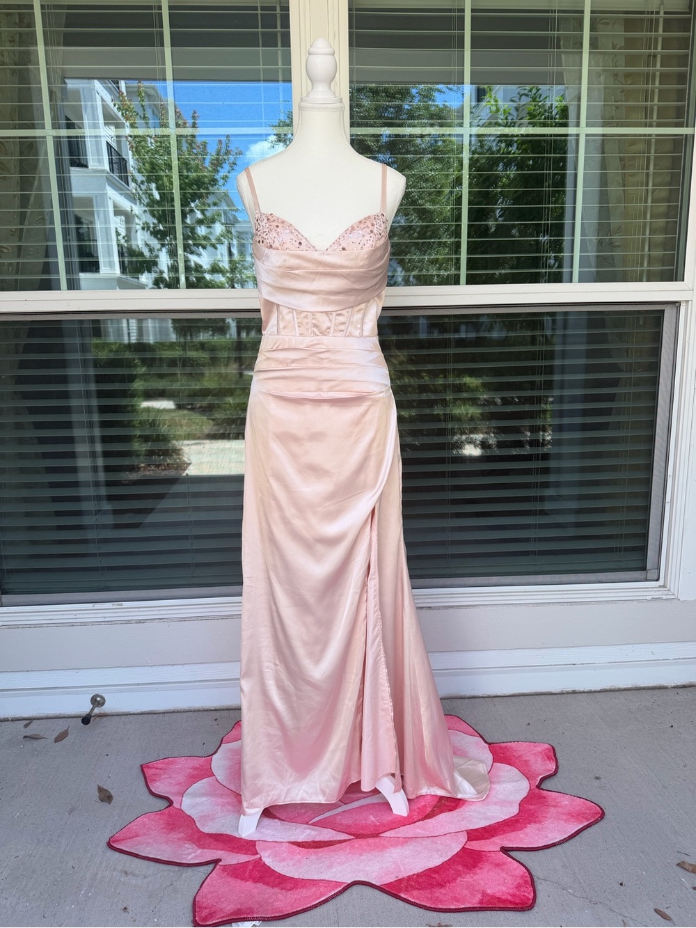 Blush Pink Satin Sequin Bust Evening Dress | wedding guest | bridesmaid